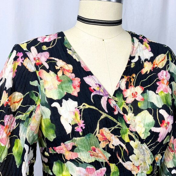 H&M pleated wrap dress floral tropical black green kimono coverup maxi medium - Picture 5 of 11